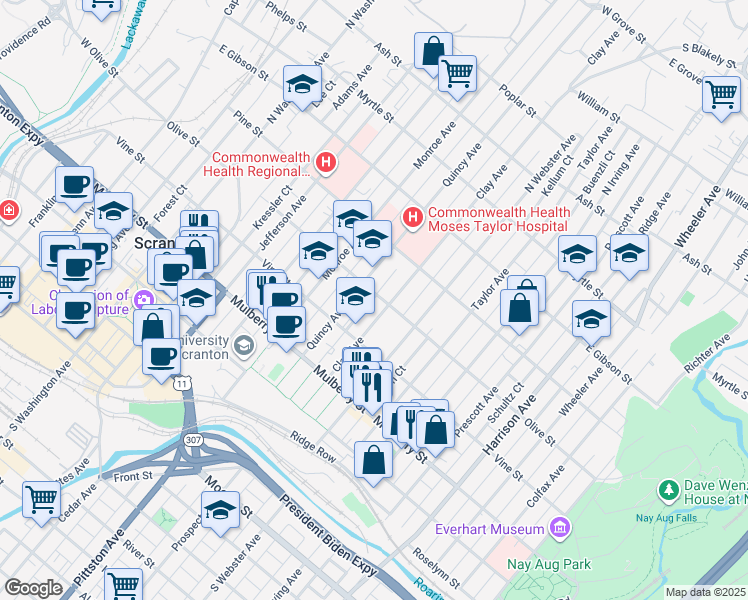 map of restaurants, bars, coffee shops, grocery stores, and more near 1003 Olive Street in Scranton