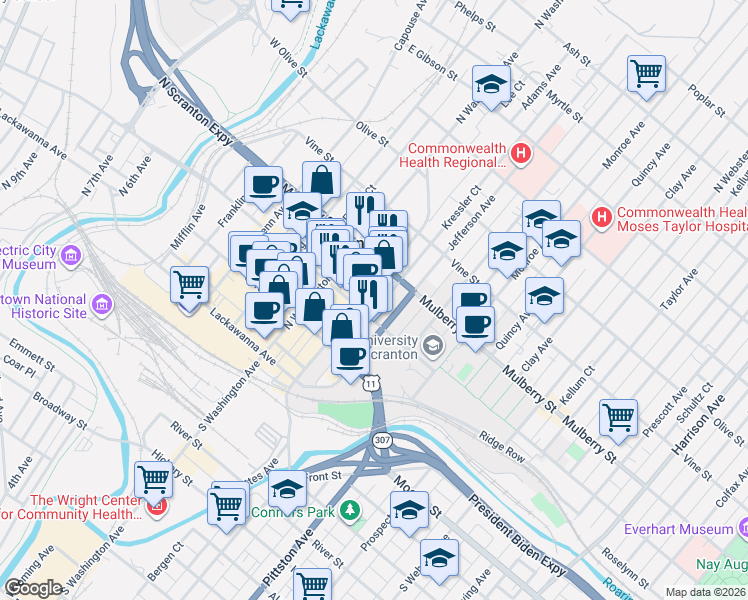map of restaurants, bars, coffee shops, grocery stores, and more near 336 Adams Avenue in Scranton