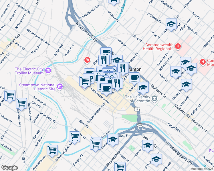 map of restaurants, bars, coffee shops, grocery stores, and more near 216 Wyoming Avenue in Scranton