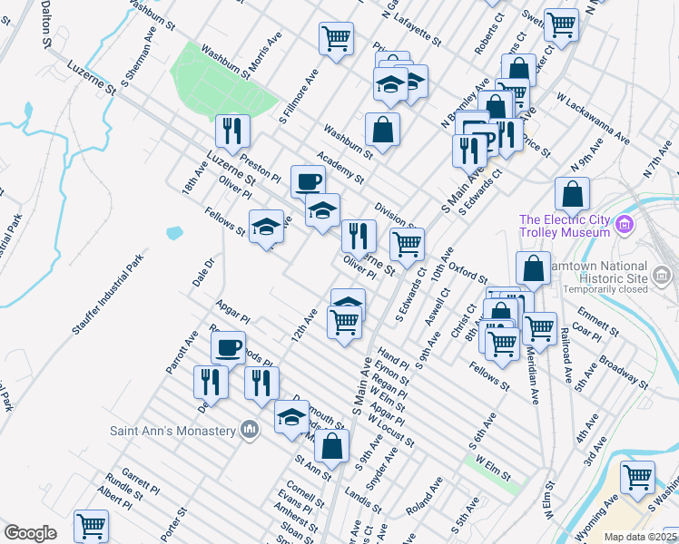 map of restaurants, bars, coffee shops, grocery stores, and more near 1218 Oliver Place in Scranton
