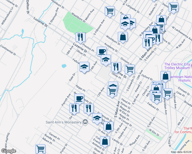 map of restaurants, bars, coffee shops, grocery stores, and more near 441 14th Avenue in Scranton