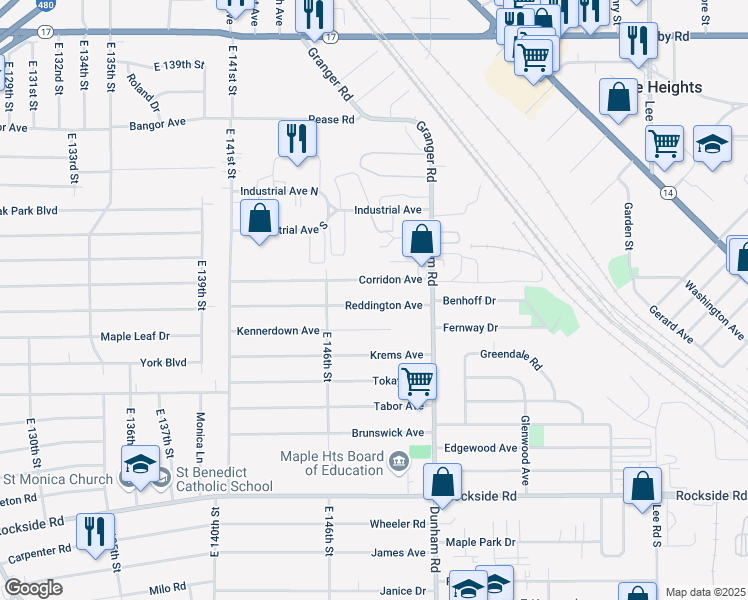 map of restaurants, bars, coffee shops, grocery stores, and more near 14832 Corridon Avenue in Maple Heights