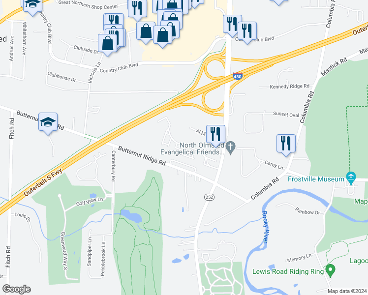 map of restaurants, bars, coffee shops, grocery stores, and more near 5720 Great Northern Boulevard in North Olmsted