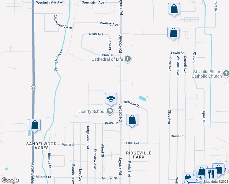 map of restaurants, bars, coffee shops, grocery stores, and more near 35204 Oxford Court in North Ridgeville