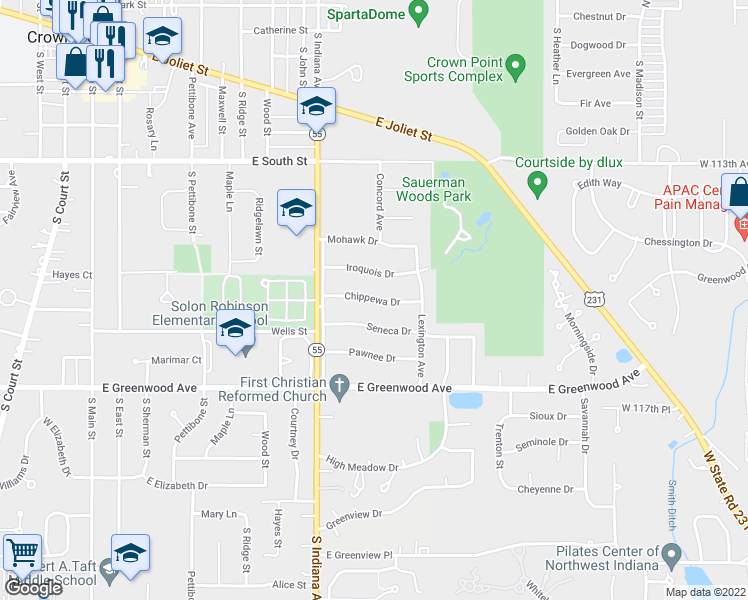 map of restaurants, bars, coffee shops, grocery stores, and more near 937 Chippewa Drive in Crown Point