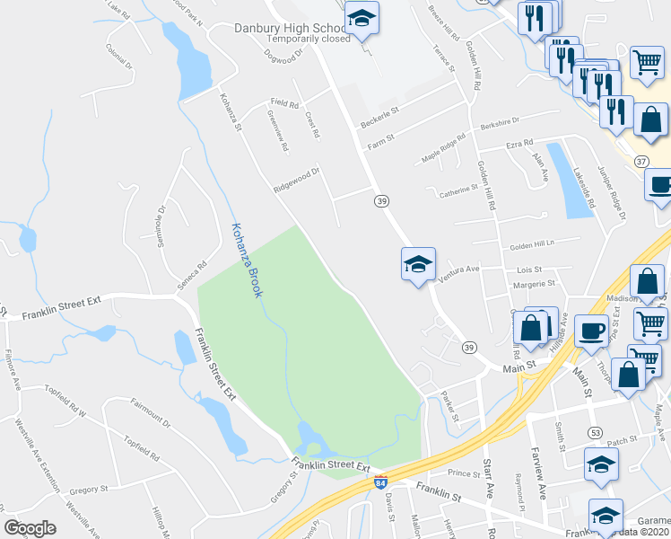 map of restaurants, bars, coffee shops, grocery stores, and more near 153 Kohanza Street in Danbury