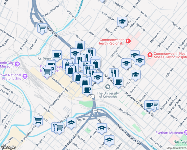 map of restaurants, bars, coffee shops, grocery stores, and more near 336 Adams Avenue in Scranton