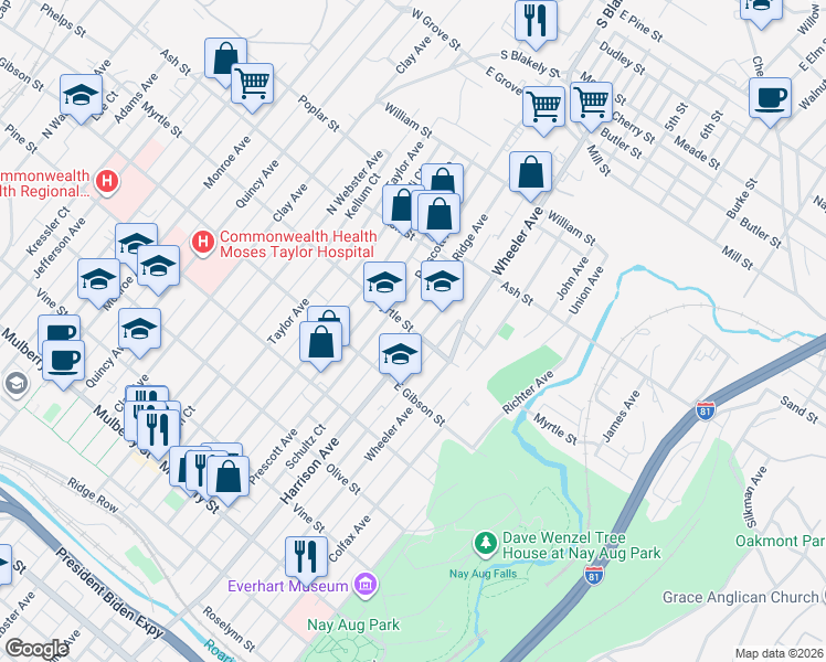 map of restaurants, bars, coffee shops, grocery stores, and more near 1524 Myrtle Street in Scranton