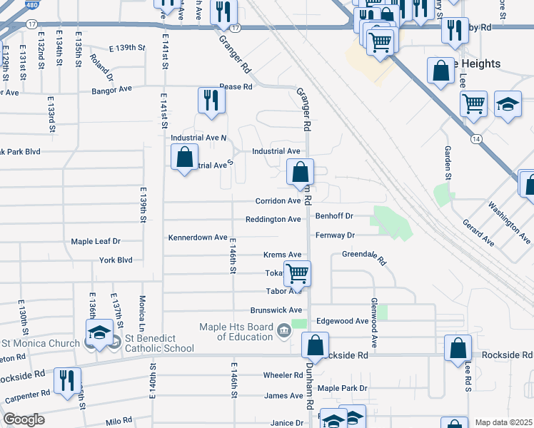 map of restaurants, bars, coffee shops, grocery stores, and more near 14832 Corridon Avenue in Maple Heights