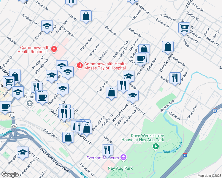 map of restaurants, bars, coffee shops, grocery stores, and more near 1326 East Gibson Street in Scranton