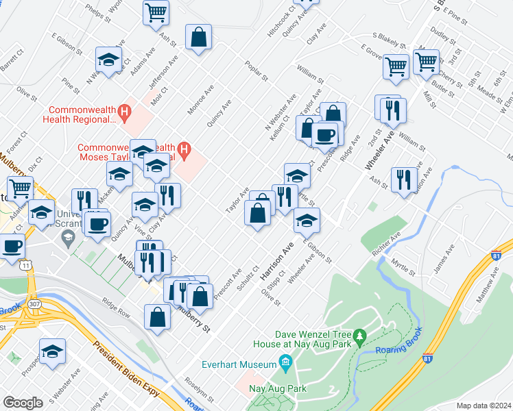 map of restaurants, bars, coffee shops, grocery stores, and more near 1302 East Gibson Street in Scranton