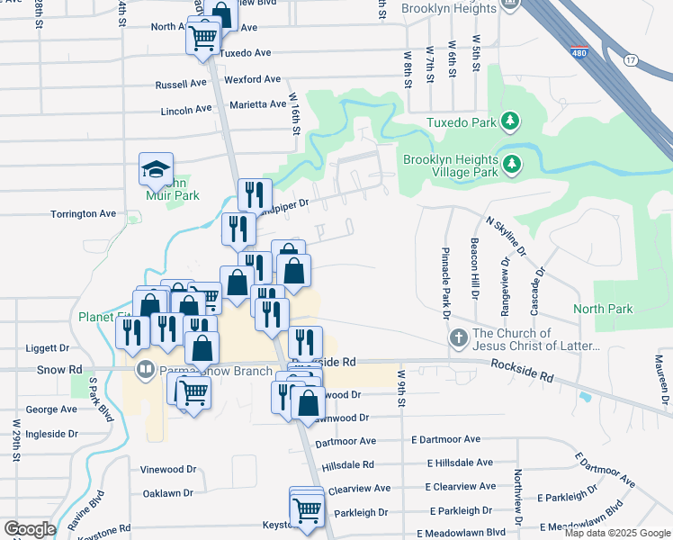 map of restaurants, bars, coffee shops, grocery stores, and more near 1360 Broadrock Court in Parma