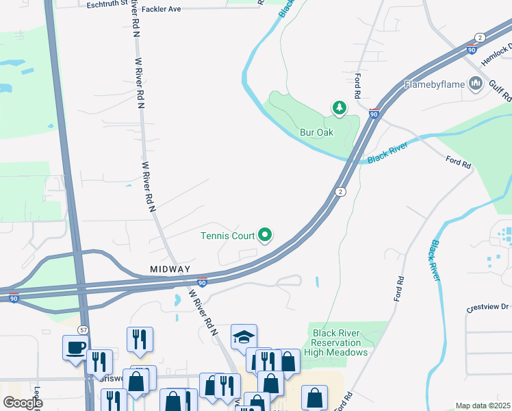 map of restaurants, bars, coffee shops, grocery stores, and more near Highway 2 in Elyria