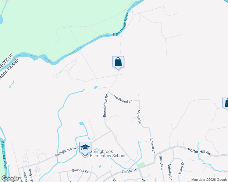 map of restaurants, bars, coffee shops, grocery stores, and more near 61 Boombridge Road in Westerly