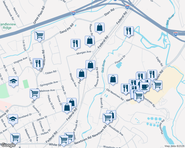 map of restaurants, bars, coffee shops, grocery stores, and more near 58 Beaver Brook Road in Danbury