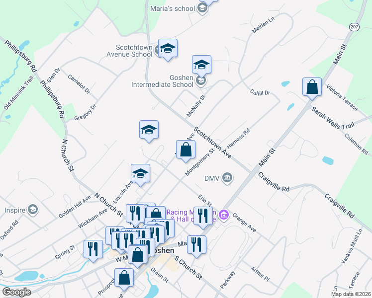 map of restaurants, bars, coffee shops, grocery stores, and more near 138 Murray Avenue in Goshen