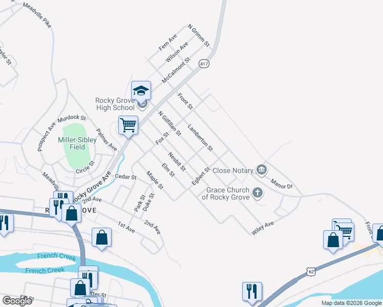 map of restaurants, bars, coffee shops, grocery stores, and more near 138 North Gilfillan Street in Franklin