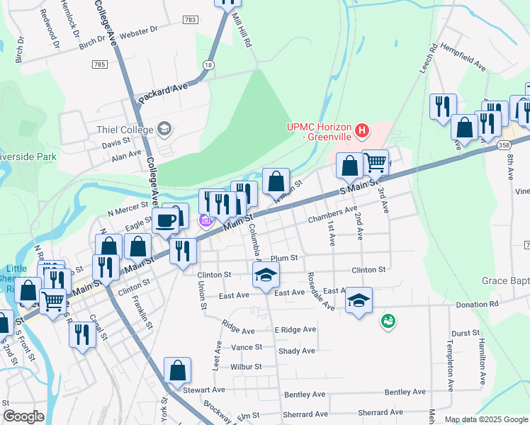 map of restaurants, bars, coffee shops, grocery stores, and more near 2 North Main Street in Greenville