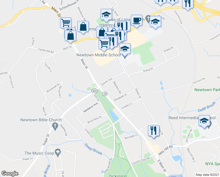 map of restaurants, bars, coffee shops, grocery stores, and more near 4 Glover Avenue in Newtown