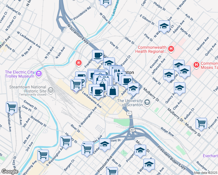 map of restaurants, bars, coffee shops, grocery stores, and more near 235 North Washington Avenue in Scranton