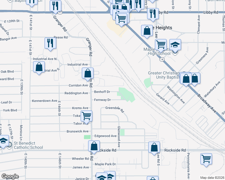 map of restaurants, bars, coffee shops, grocery stores, and more near 15705 Benhoff Drive in Maple Heights