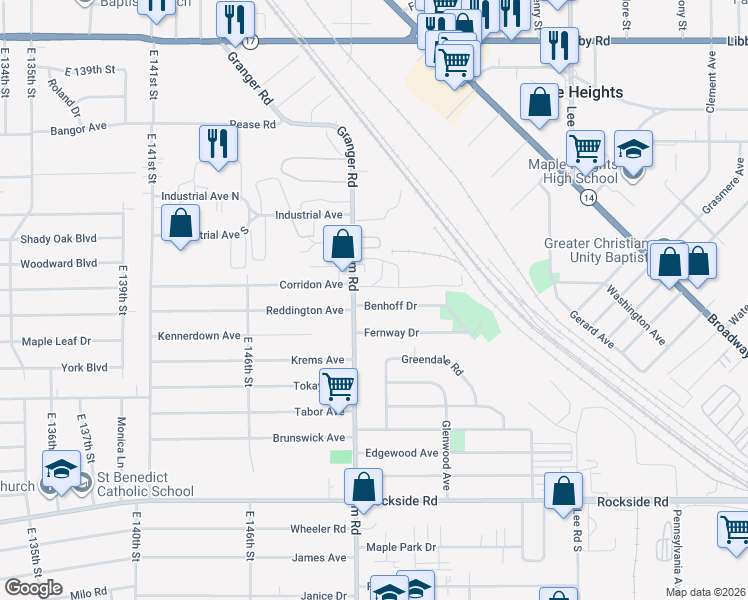 map of restaurants, bars, coffee shops, grocery stores, and more near 15301 Benhoff Drive in Maple Heights
