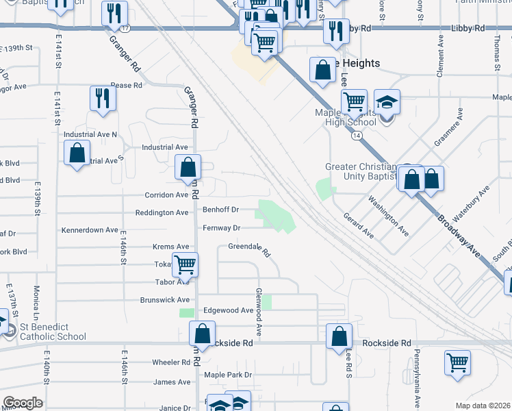 map of restaurants, bars, coffee shops, grocery stores, and more near 15705 Benhoff Drive in Maple Heights