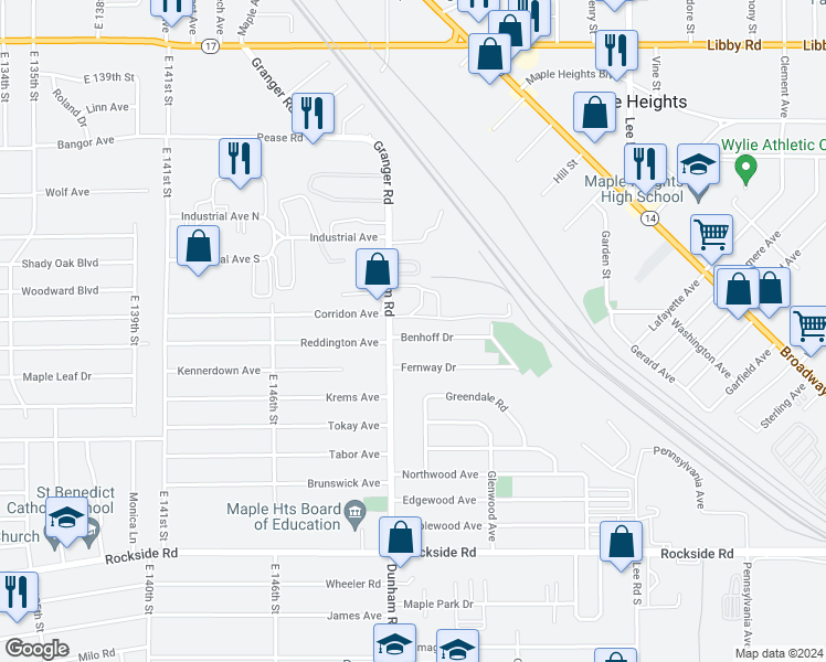 map of restaurants, bars, coffee shops, grocery stores, and more near 15305 Benhoff Drive in Maple Heights