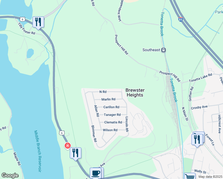 map of restaurants, bars, coffee shops, grocery stores, and more near 22 North Road in Brewster