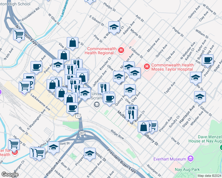 map of restaurants, bars, coffee shops, grocery stores, and more near 815 Vine Street in Scranton