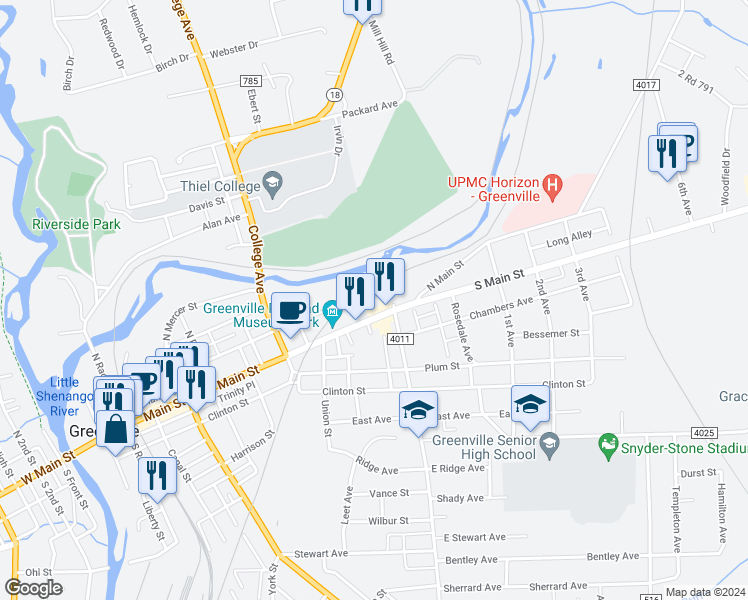 map of restaurants, bars, coffee shops, grocery stores, and more near 348 South Main Street in Greenville
