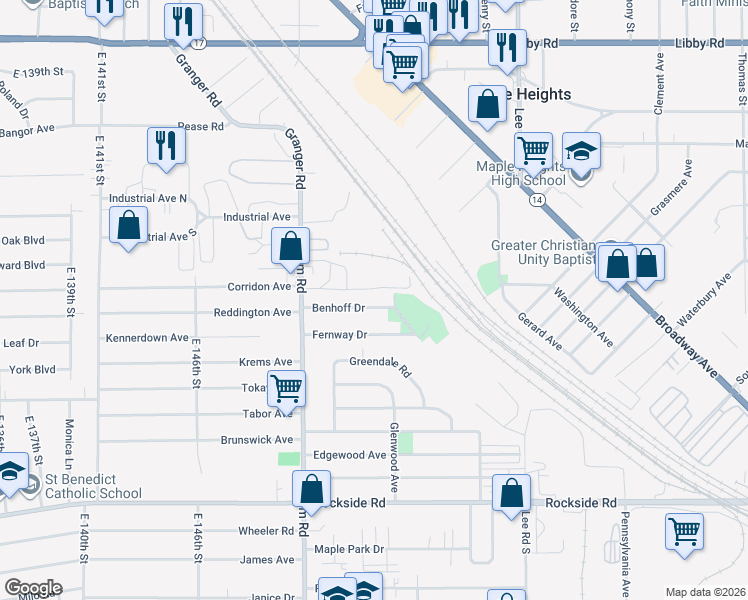 map of restaurants, bars, coffee shops, grocery stores, and more near 15705 Benhoff Drive in Maple Heights