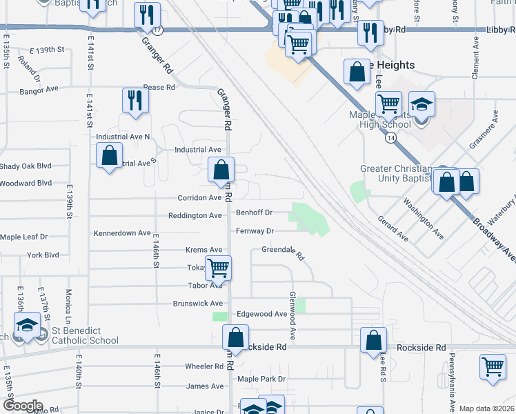 map of restaurants, bars, coffee shops, grocery stores, and more near 15513 Benhoff Drive in Maple Heights