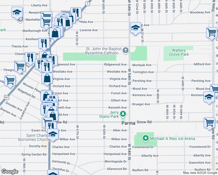map of restaurants, bars, coffee shops, grocery stores, and more near 5814 Orchard Avenue in Parma