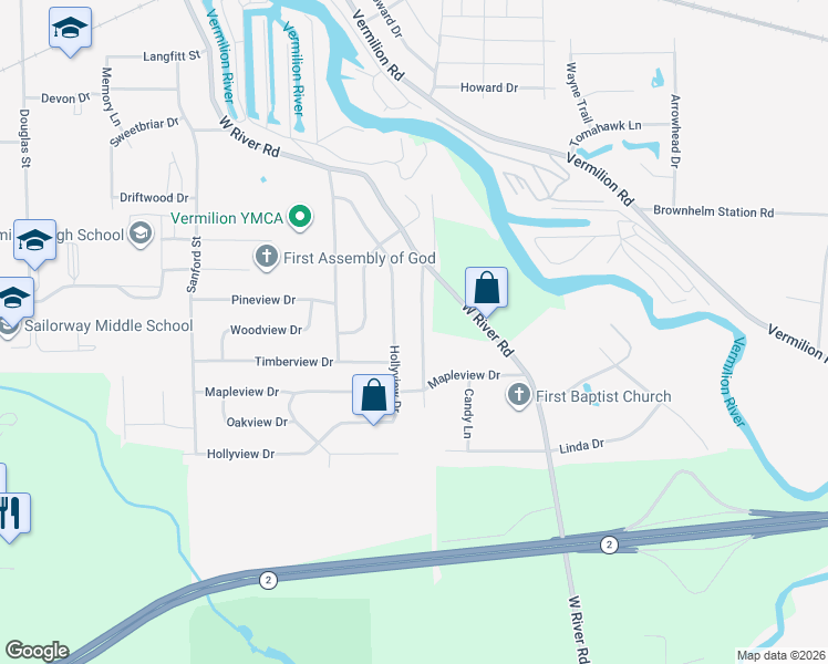 map of restaurants, bars, coffee shops, grocery stores, and more near 1370 Rolling Meadows Drive in Vermilion