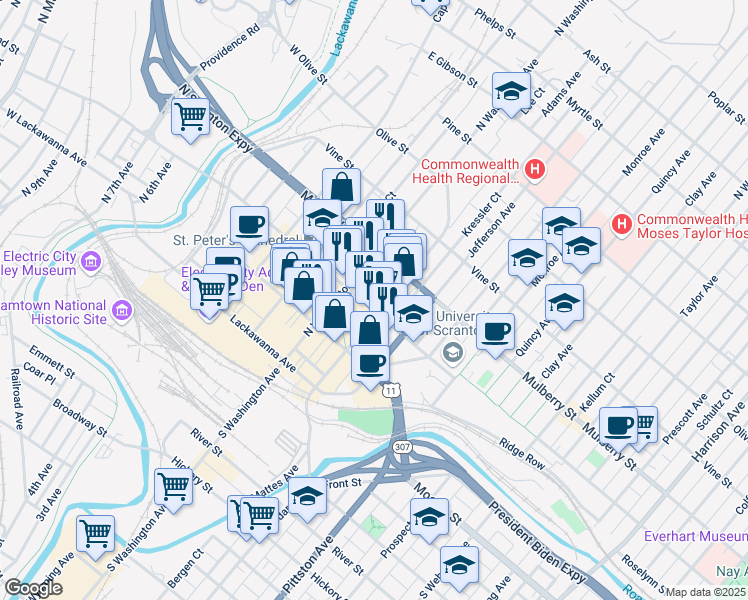 map of restaurants, bars, coffee shops, grocery stores, and more near 515 517 519 Linden Street in Scranton