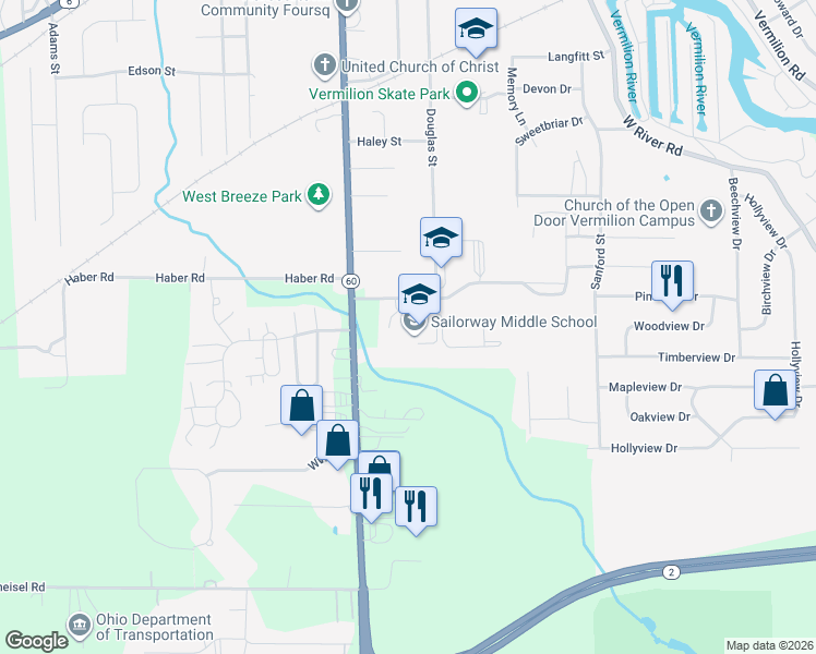 map of restaurants, bars, coffee shops, grocery stores, and more near 5355 Sailorway Drive in Vermilion