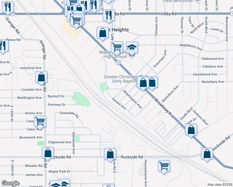 map of restaurants, bars, coffee shops, grocery stores, and more near 5656 Lafayette Avenue in Maple Heights