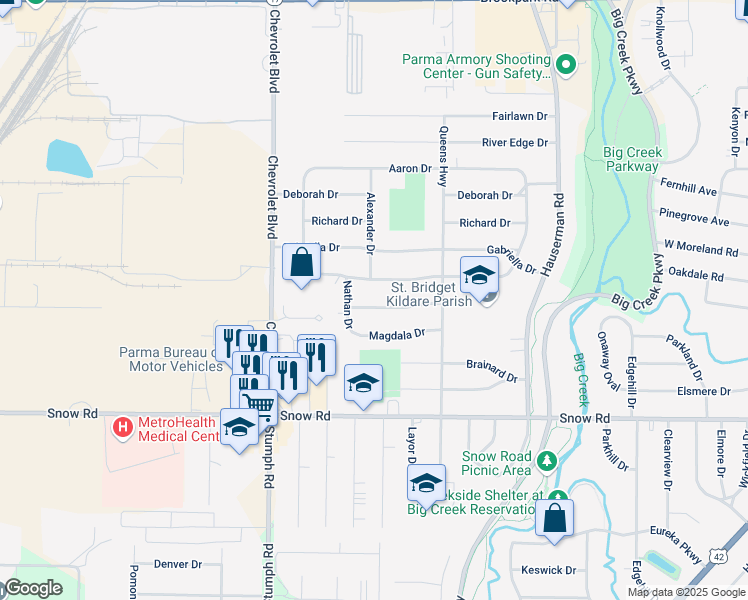 map of restaurants, bars, coffee shops, grocery stores, and more near 11221 Sharon Drive in Parma