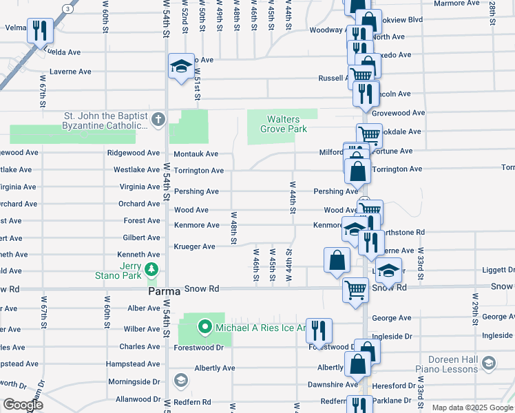 map of restaurants, bars, coffee shops, grocery stores, and more near 4534 Wood Avenue in Parma