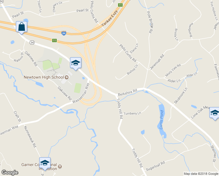 map of restaurants, bars, coffee shops, grocery stores, and more near 33 Berkshire Road in Newtown