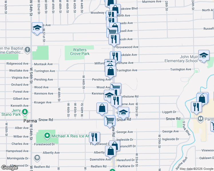 map of restaurants, bars, coffee shops, grocery stores, and more near 5618 State Road in Parma