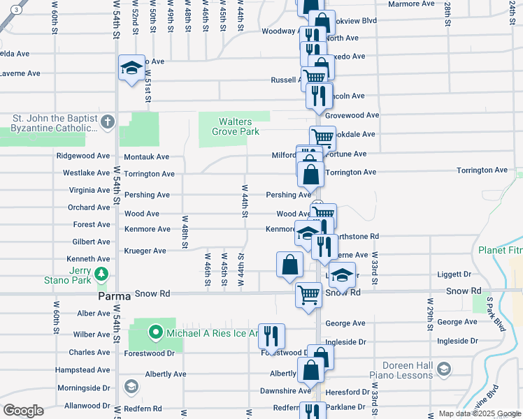 map of restaurants, bars, coffee shops, grocery stores, and more near 4206 Wood Avenue in Parma