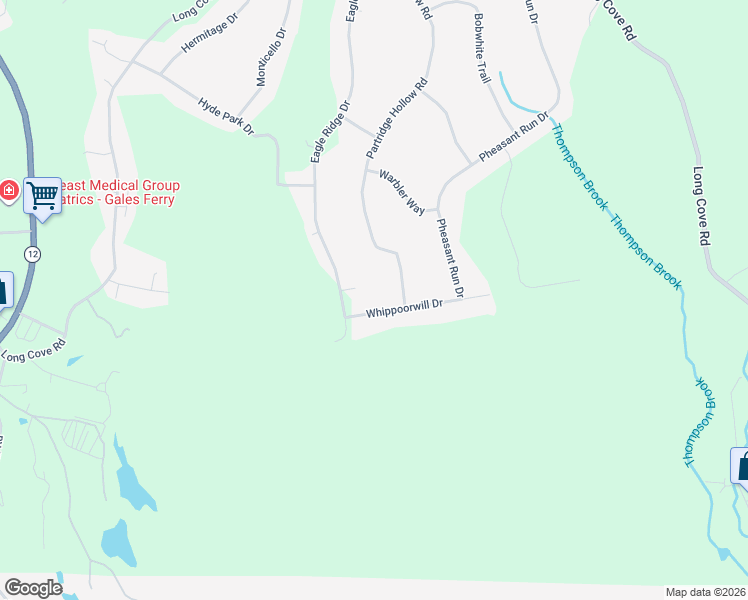 map of restaurants, bars, coffee shops, grocery stores, and more near 16 Whippoorwill Drive in Ledyard