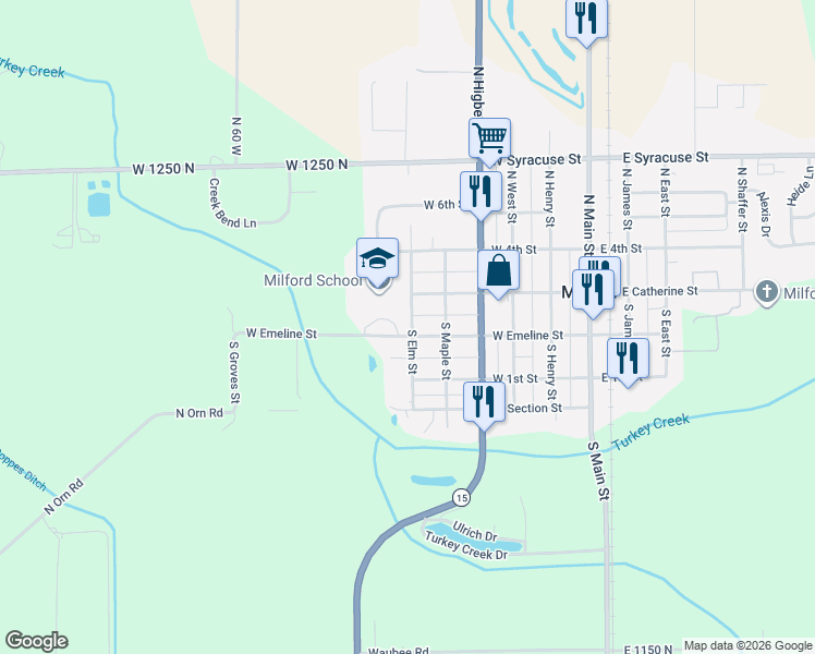 map of restaurants, bars, coffee shops, grocery stores, and more near 601 West Emeline Street in Milford