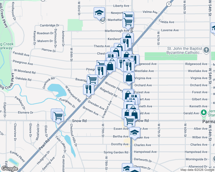 map of restaurants, bars, coffee shops, grocery stores, and more near 7801 Wooster Pkwy in Parma