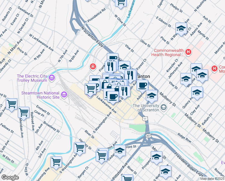 map of restaurants, bars, coffee shops, grocery stores, and more near Wyoming Ave & Spruce St in Scranton