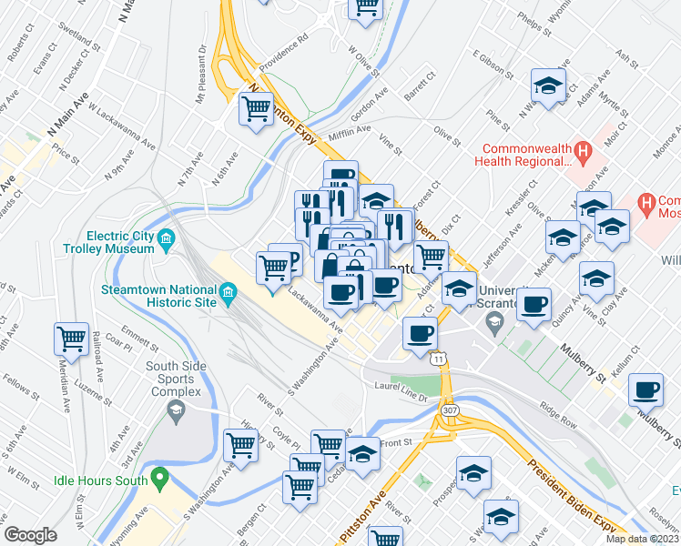 map of restaurants, bars, coffee shops, grocery stores, and more near Wyoming Ave & Spruce St in Scranton