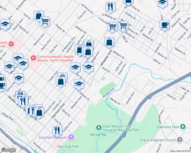 map of restaurants, bars, coffee shops, grocery stores, and more near 937 Wheeler Avenue in Scranton