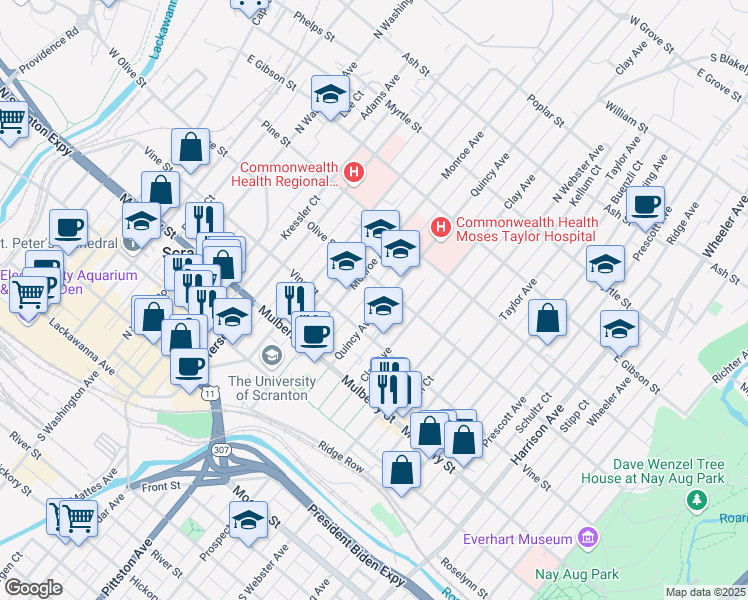 map of restaurants, bars, coffee shops, grocery stores, and more near 520 Monroe Avenue in Scranton